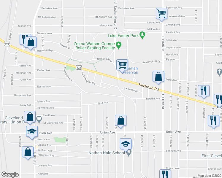map of restaurants, bars, coffee shops, grocery stores, and more near 10605 Mountview Avenue in Cleveland