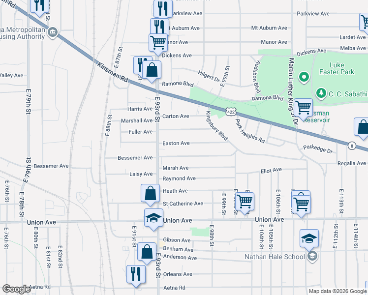 map of restaurants, bars, coffee shops, grocery stores, and more near 9504 Fuller Avenue in Cleveland