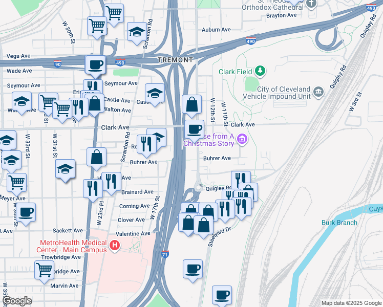 map of restaurants, bars, coffee shops, grocery stores, and more near 3136 West 14th Street in Cleveland