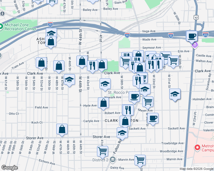 map of restaurants, bars, coffee shops, grocery stores, and more near 3128 West 40th Street in Cleveland