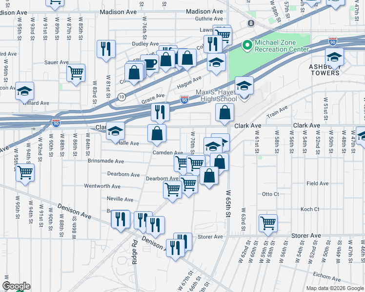 map of restaurants, bars, coffee shops, grocery stores, and more near 3120 West 70th Street in Cleveland