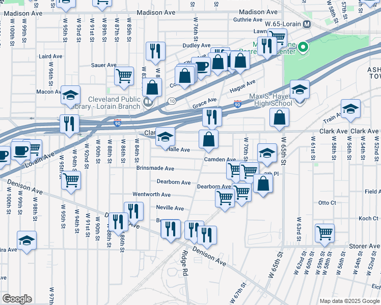 map of restaurants, bars, coffee shops, grocery stores, and more near 7506 Halle Avenue in Cleveland