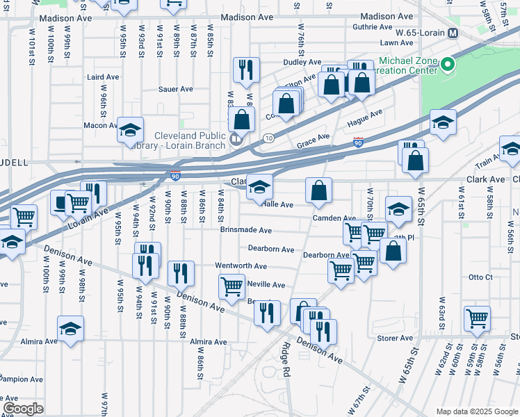 map of restaurants, bars, coffee shops, grocery stores, and more near 7804 Halle Avenue in Cleveland