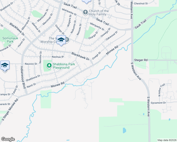 map of restaurants, bars, coffee shops, grocery stores, and more near 3 Monee Court in Park Forest