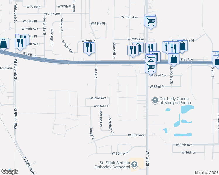 map of restaurants, bars, coffee shops, grocery stores, and more near 8250 Ellsworth Place in Merrillville