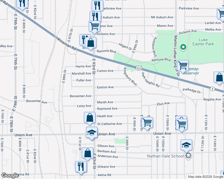 map of restaurants, bars, coffee shops, grocery stores, and more near 9504 Fuller Avenue in Cleveland