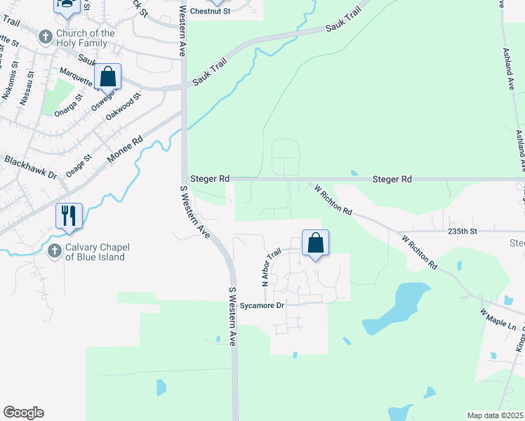 map of restaurants, bars, coffee shops, grocery stores, and more near 23162 Brookview Drive in Steger