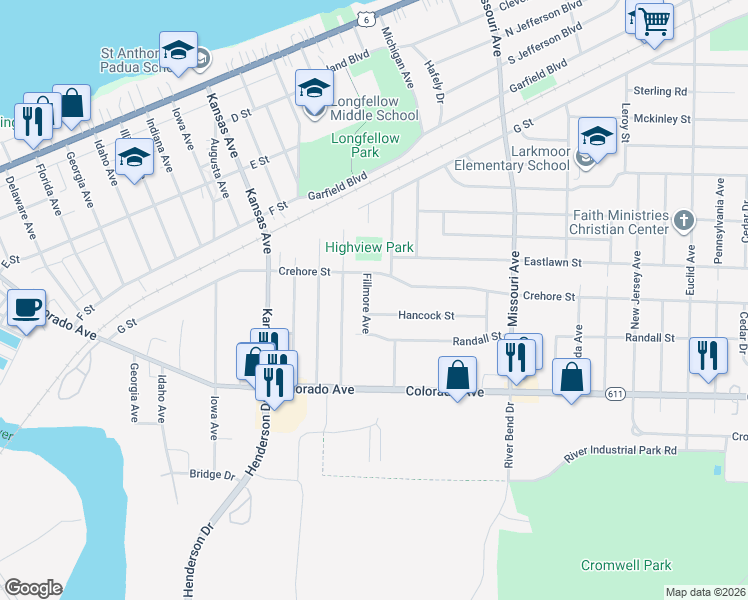 map of restaurants, bars, coffee shops, grocery stores, and more near 1840 Crehore Street in Lorain