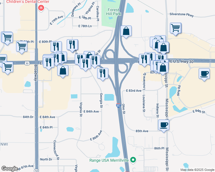map of restaurants, bars, coffee shops, grocery stores, and more near 8275 Georgia Street in Merrillville