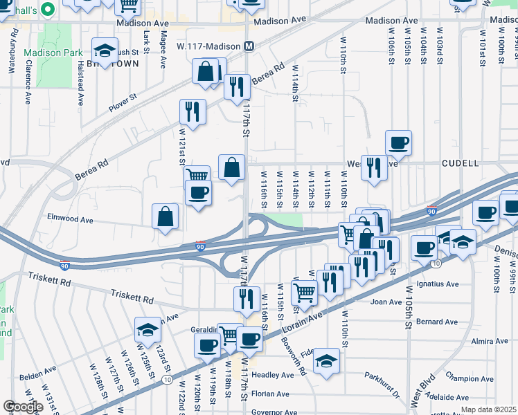 map of restaurants, bars, coffee shops, grocery stores, and more near 3066 West 116th Street in Cleveland