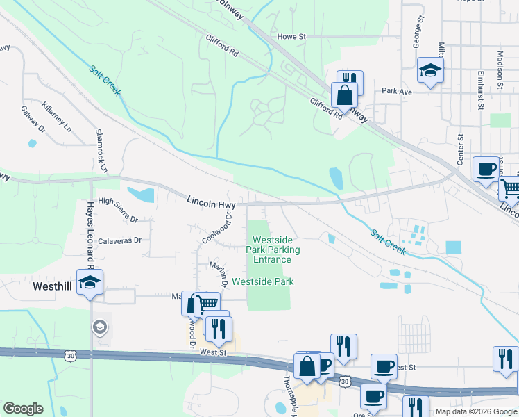 map of restaurants, bars, coffee shops, grocery stores, and more near 26 Westside Park Avenue in Valparaiso