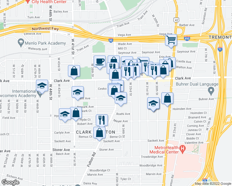 map of restaurants, bars, coffee shops, grocery stores, and more near Fulton Road & Paris Avenue in Cleveland