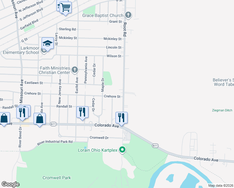 map of restaurants, bars, coffee shops, grocery stores, and more near 1402 Root Road in Lorain