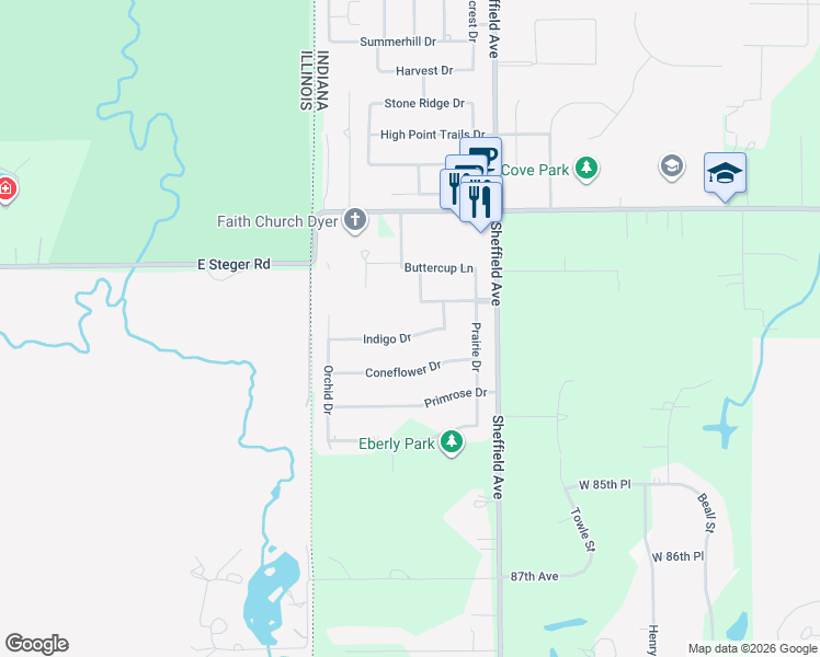 map of restaurants, bars, coffee shops, grocery stores, and more near 3450 Violet Lane in Dyer