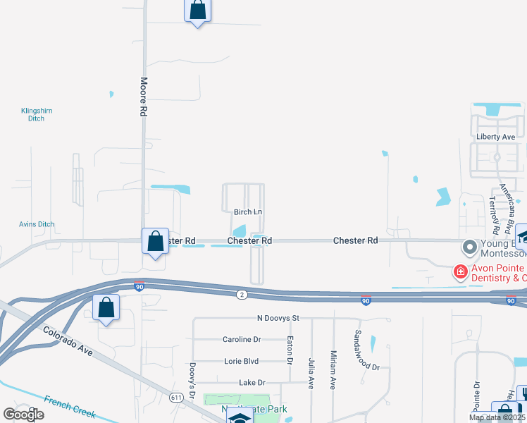 map of restaurants, bars, coffee shops, grocery stores, and more near Rosewood Boulevard in Avon