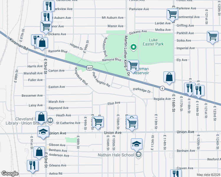 map of restaurants, bars, coffee shops, grocery stores, and more near 3298 East 105th Street in Cleveland