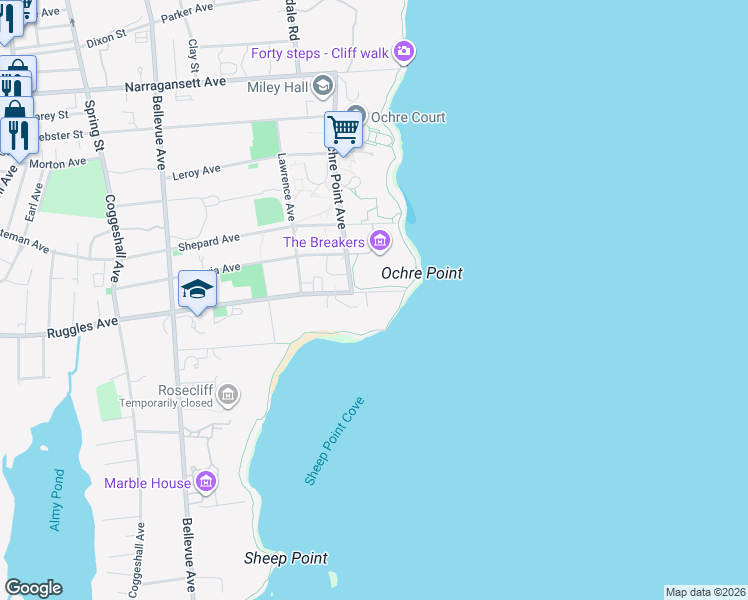 map of restaurants, bars, coffee shops, grocery stores, and more near 241 Ruggles Avenue in Newport