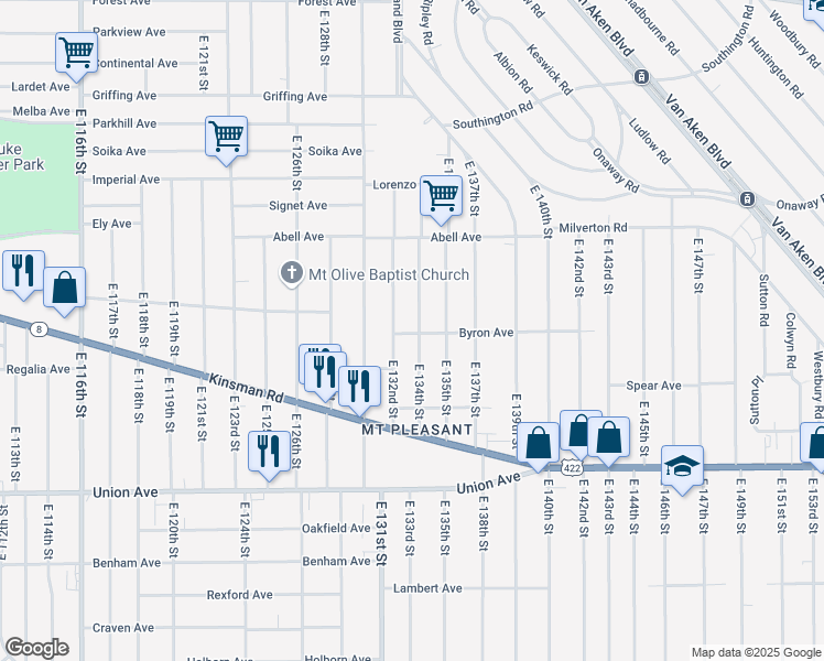 map of restaurants, bars, coffee shops, grocery stores, and more near 3307 East 134th Street in Cleveland