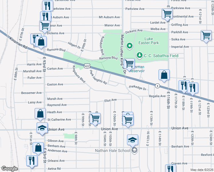 map of restaurants, bars, coffee shops, grocery stores, and more near 3298 East 105th Street in Cleveland