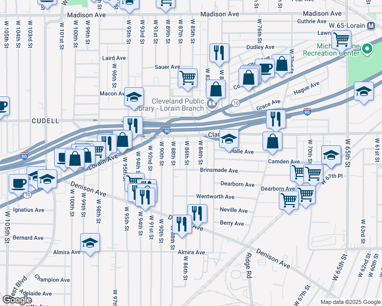 map of restaurants, bars, coffee shops, grocery stores, and more near 3114 West 86th Street in Cleveland