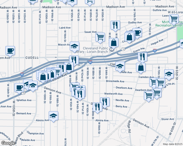 map of restaurants, bars, coffee shops, grocery stores, and more near 3111 West 90th Street in Cleveland
