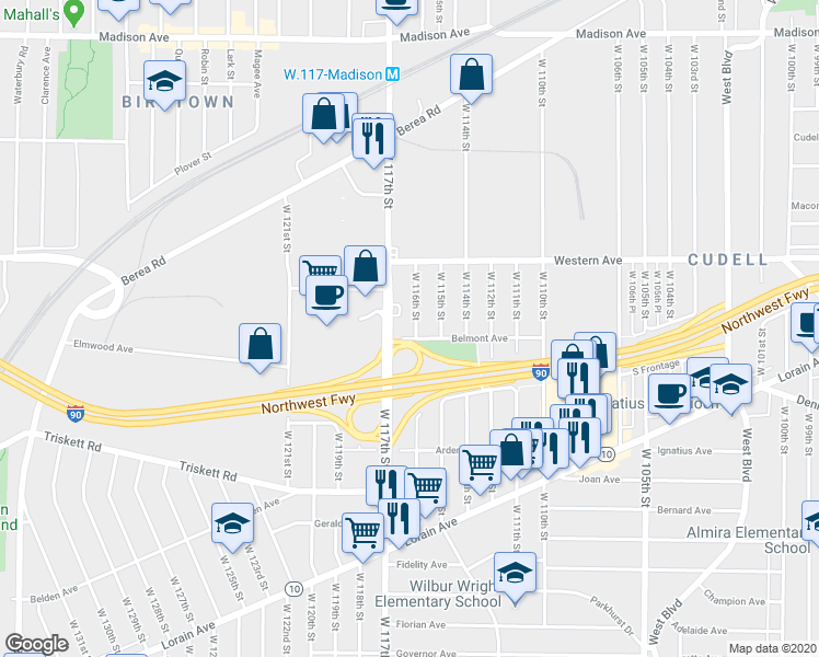 map of restaurants, bars, coffee shops, grocery stores, and more near 3066 West 116th Street in Cleveland