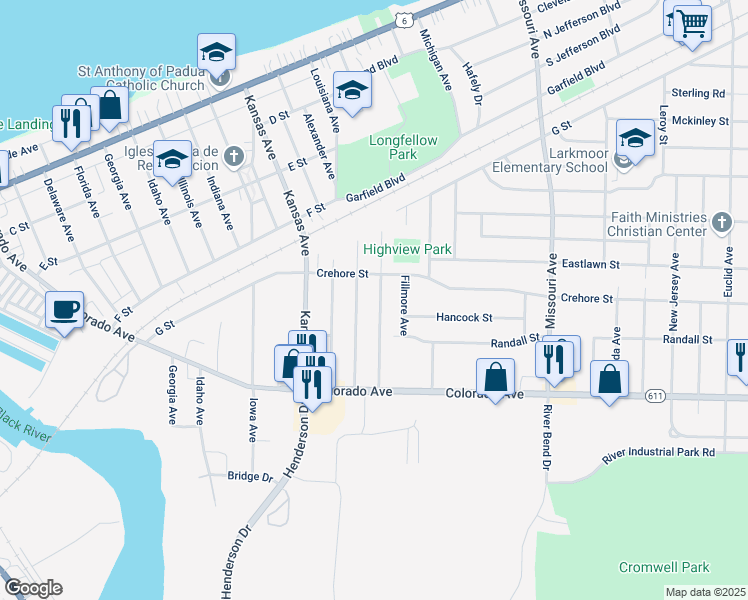 map of restaurants, bars, coffee shops, grocery stores, and more near 1507 Maryland Avenue in Lorain