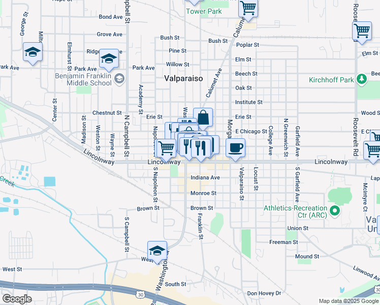 map of restaurants, bars, coffee shops, grocery stores, and more near 103 Franklin Street in Valparaiso