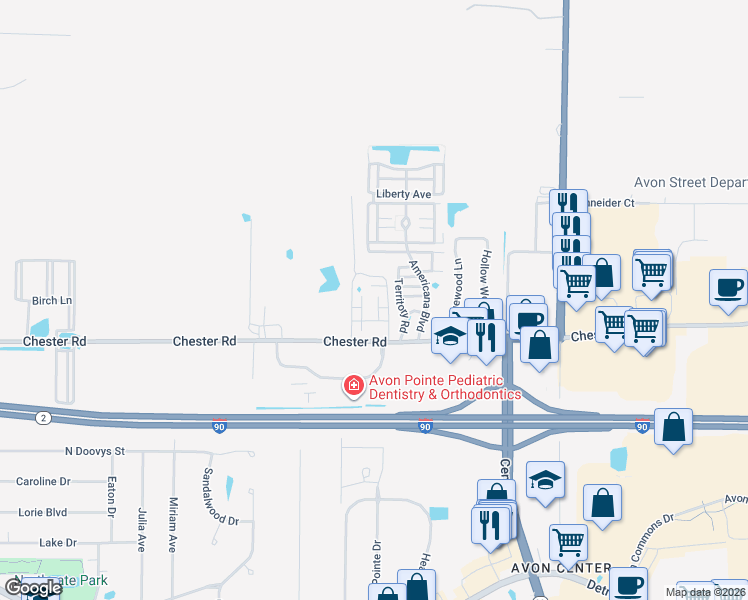 map of restaurants, bars, coffee shops, grocery stores, and more near 1473 Chenin Run in Avon