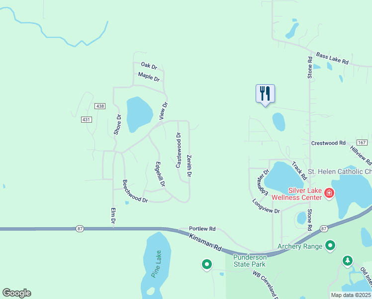 map of restaurants, bars, coffee shops, grocery stores, and more near 14642 Zenith Drive in Geauga County