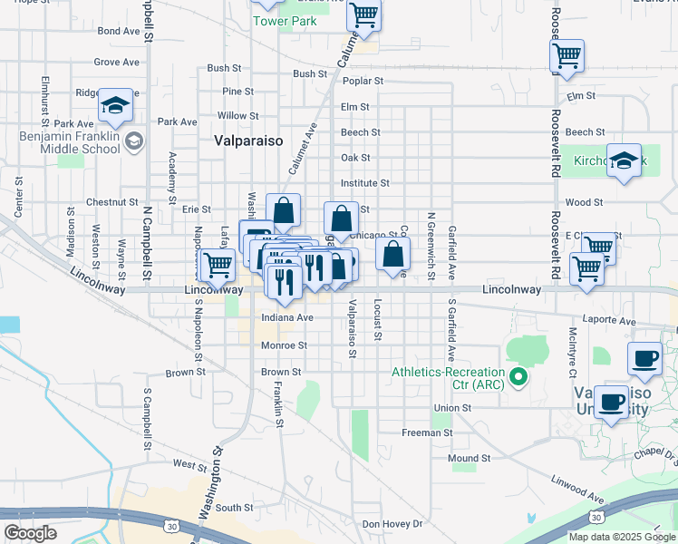 map of restaurants, bars, coffee shops, grocery stores, and more near 301 East Jefferson Street in Valparaiso