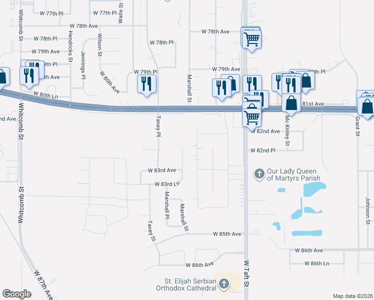 map of restaurants, bars, coffee shops, grocery stores, and more near 8250 Ellsworth Place in Merrillville