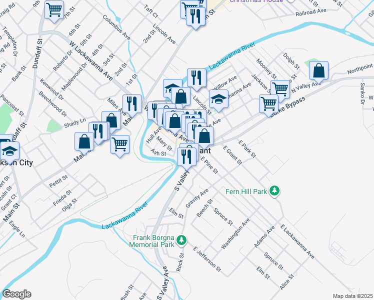 map of restaurants, bars, coffee shops, grocery stores, and more near in Olyphant