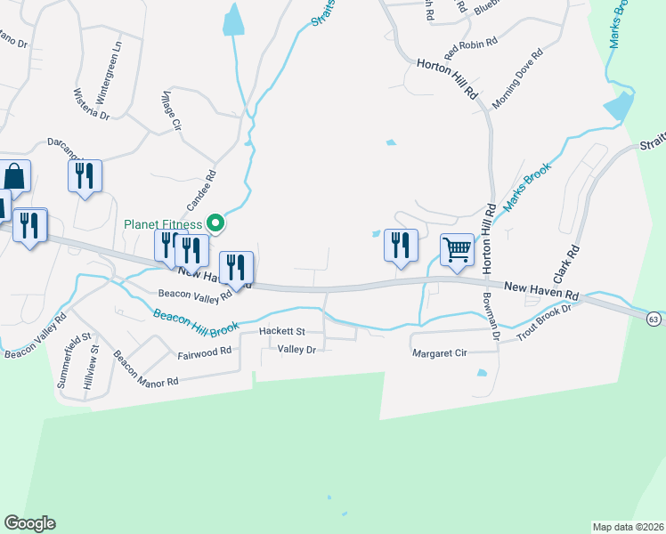map of restaurants, bars, coffee shops, grocery stores, and more near 3 Shirley Street in Naugatuck