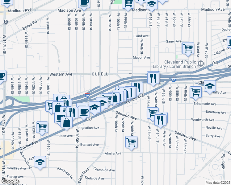 map of restaurants, bars, coffee shops, grocery stores, and more near 3103 West 100th Street in Cleveland