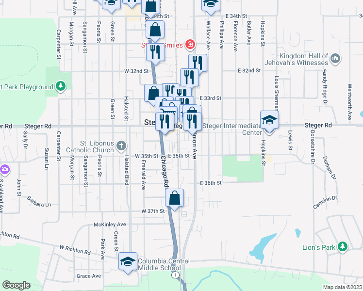 map of restaurants, bars, coffee shops, grocery stores, and more near 2 West 34th Street in Steger