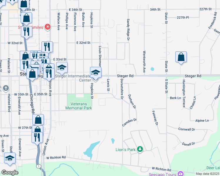 map of restaurants, bars, coffee shops, grocery stores, and more near 3421 Lewis Street in Steger