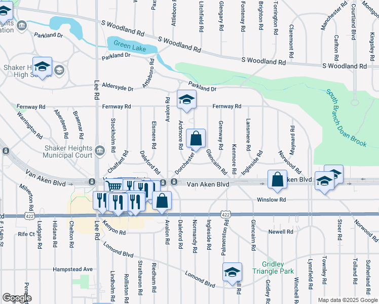 map of restaurants, bars, coffee shops, grocery stores, and more near 3329 Dorchester Road in Shaker Heights