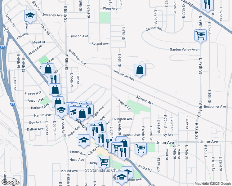 map of restaurants, bars, coffee shops, grocery stores, and more near 3277 East 65th Street in Cleveland