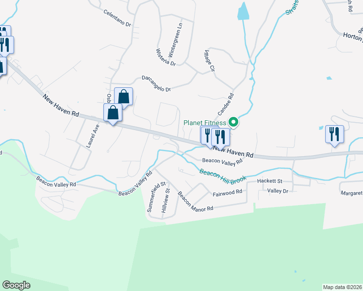 map of restaurants, bars, coffee shops, grocery stores, and more near 1152 New Haven Road in Naugatuck