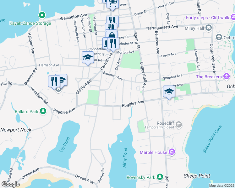map of restaurants, bars, coffee shops, grocery stores, and more near 11 Shields in Newport