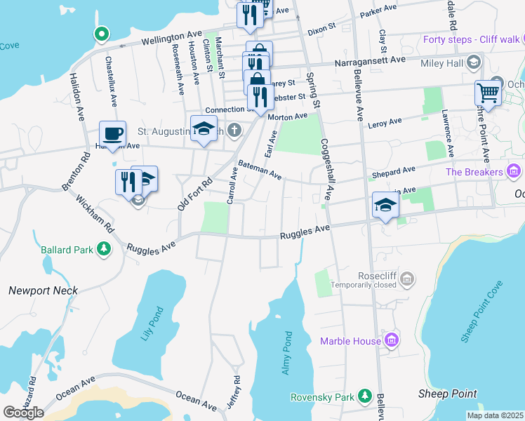 map of restaurants, bars, coffee shops, grocery stores, and more near 11 Shields in Newport