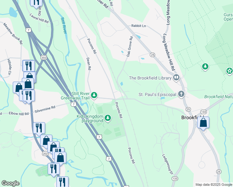 map of restaurants, bars, coffee shops, grocery stores, and more near 121 Pocono Road in Brookfield