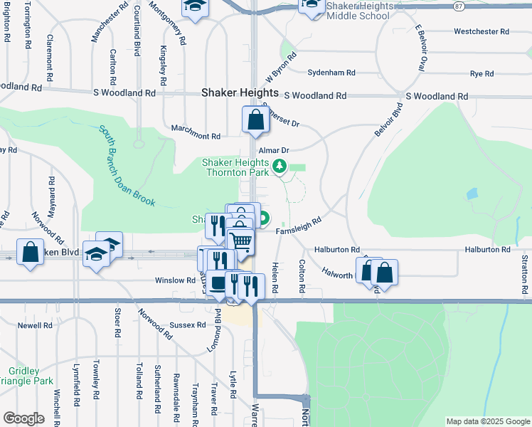 map of restaurants, bars, coffee shops, grocery stores, and more near 3333 Warrensville Center Road in Shaker Heights