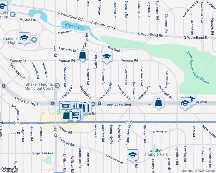map of restaurants, bars, coffee shops, grocery stores, and more near 3329 Dorchester Road in Shaker Heights