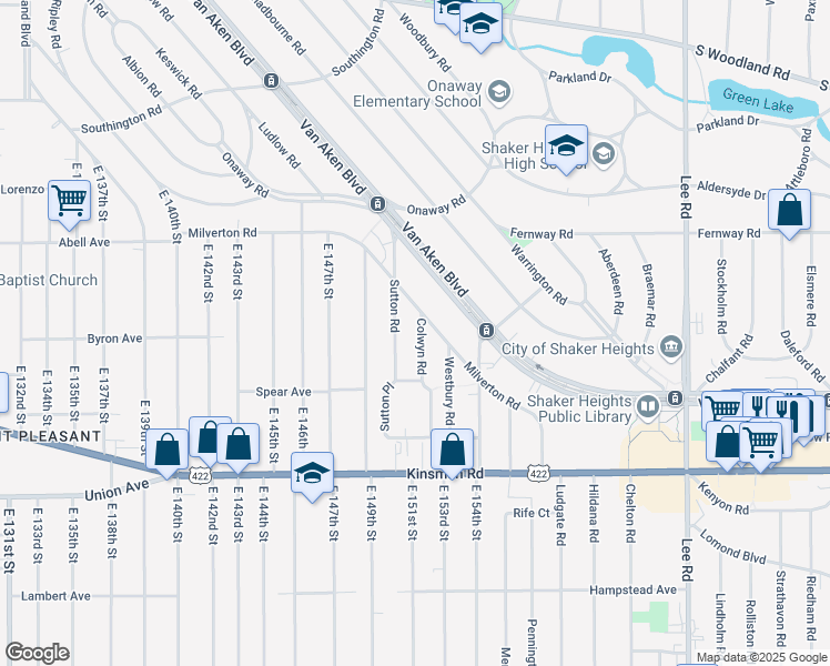map of restaurants, bars, coffee shops, grocery stores, and more near 3329 Sutton Road in Shaker Heights