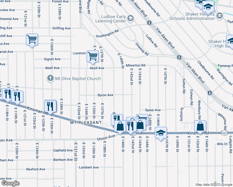 map of restaurants, bars, coffee shops, grocery stores, and more near 3332 East 140th Street in Cleveland
