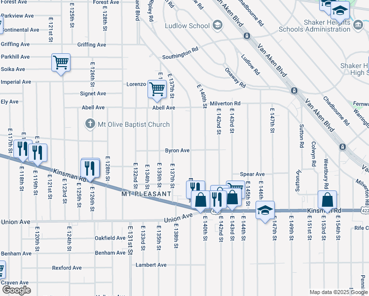 map of restaurants, bars, coffee shops, grocery stores, and more near 3308 East 139th Street in Cleveland