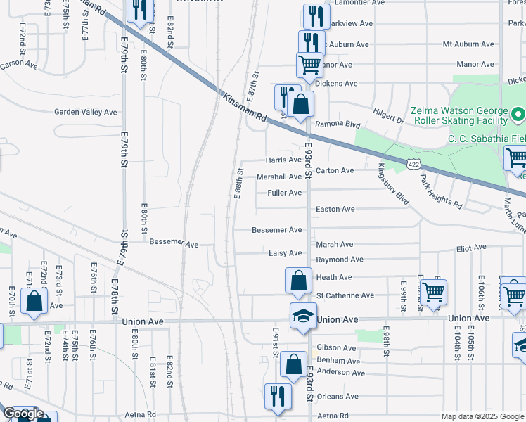 map of restaurants, bars, coffee shops, grocery stores, and more near 8918 Fuller Avenue in Cleveland