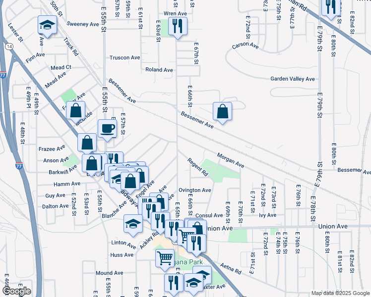 map of restaurants, bars, coffee shops, grocery stores, and more near 3277 East 65th Street in Cleveland